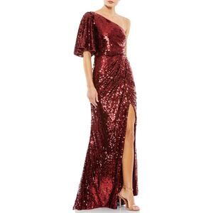 Mac Duggal Burgundy Red Sequined One-Shoulder Slit Column Formal Gown Sz 14 NWT